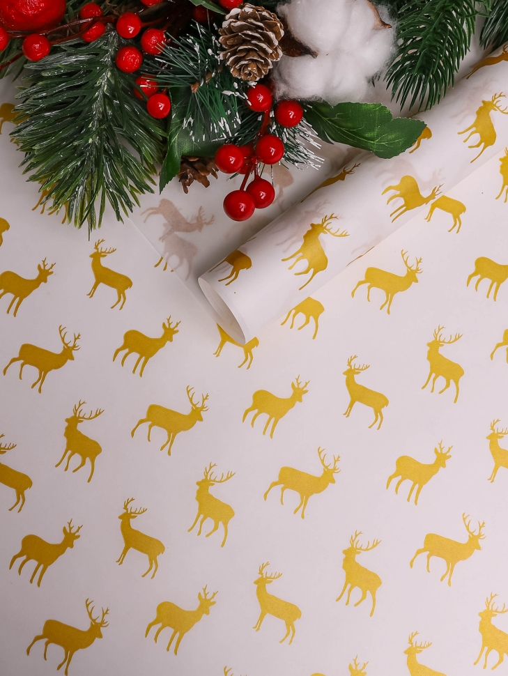 Бумага белая крафт 50г/м2, 70см x 10м, Северные олени, золото Бумага белая крафт 50г/м2, 70см x 10м, Северные олени, золото