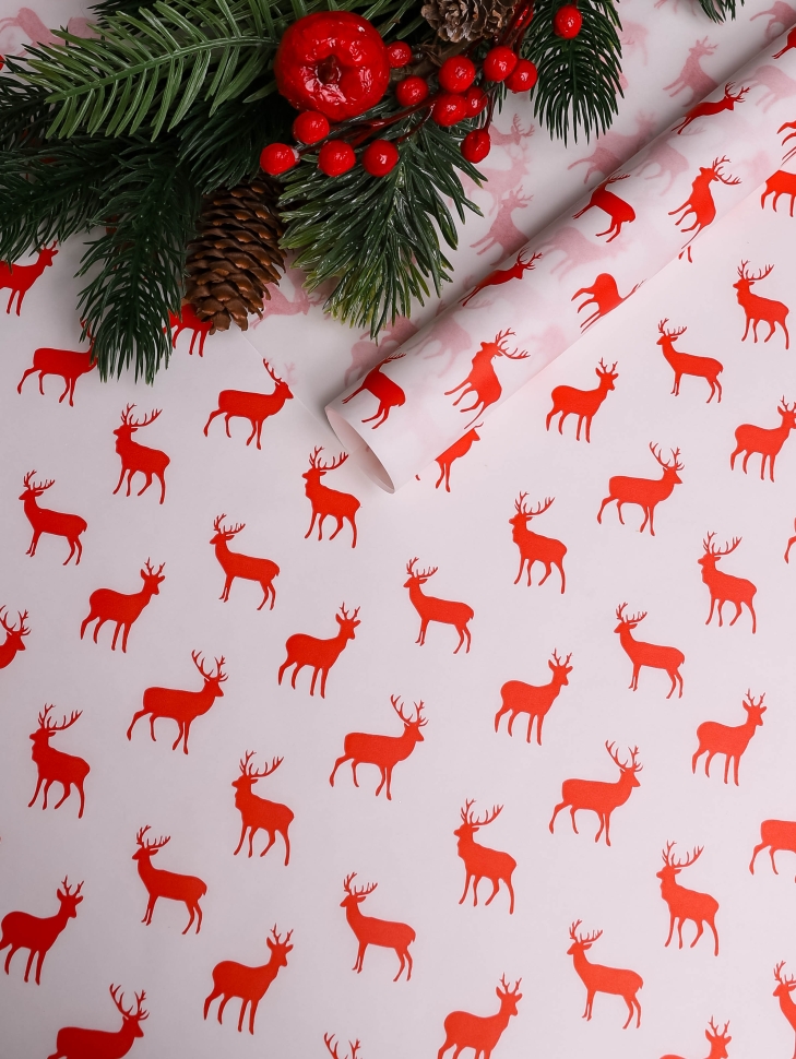 Бумага белая крафт 50г/м2, 70см x 10м, Северные олени, красный Бумага белая крафт 50г/м2, 70см x 10м, Северные олени, красный