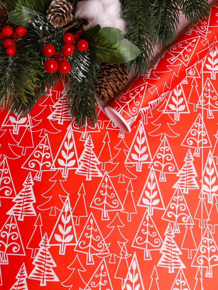 Бумага белая крафт 50г/м2, 70см x 10м, Елки, красный Бумага белая крафт 50г/м2, 70см x 10м, Елки, красный