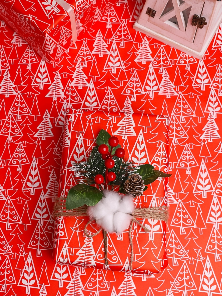Бумага белая крафт 50г/м2, 70см x 10м, Елки, красный Бумага белая крафт 50г/м2, 70см x 10м, Елки, красный