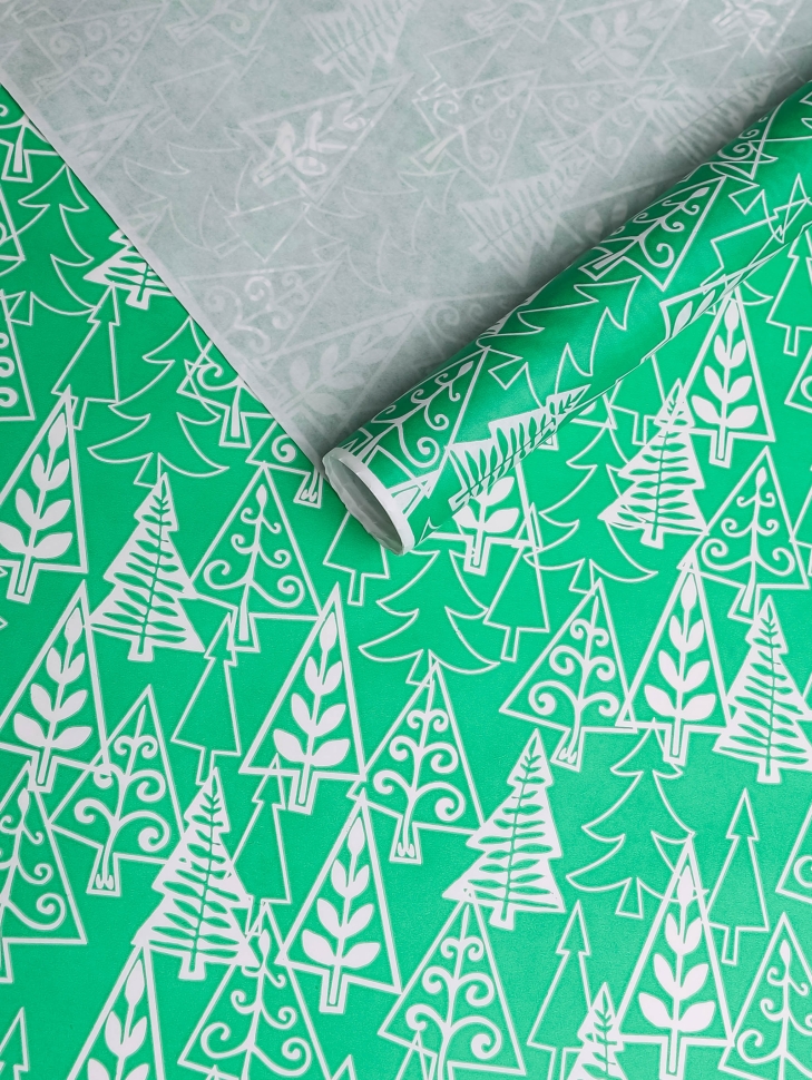 Бумага белая крафт 50г/м2, 70см x 10м, Елки, зеленый Бумага белая крафт 50г/м2, 70см x 10м, Елки, зеленый