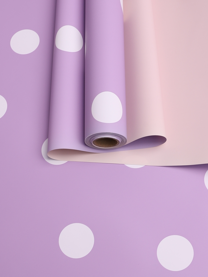 Пленка матовая 65мкм 58см х 10м горох белый на сиреневом/крем