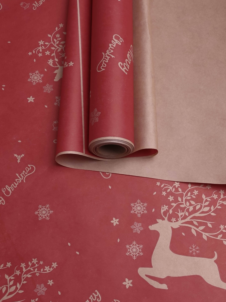 Бумага крафт 70г/м2, 70см x 10м, Олени бегущие, ягодный пунш