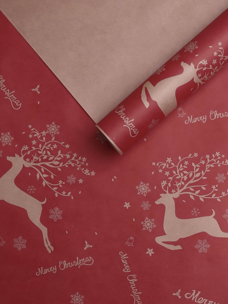Бумага крафт 70г/м2, 70см x 10м, Олени бегущие, ягодный пунш