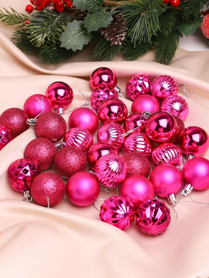 Игрушка елочная Шар d4см набор 34шт пластик розовый яркий Игрушка елочная Шар d4см набор 34шт пластик розовый яркий