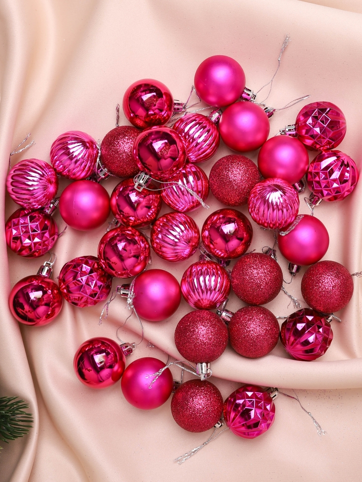 Игрушка елочная Шар d4см набор 34шт пластик розовый яркий Игрушка елочная Шар d4см набор 34шт пластик розовый яркий