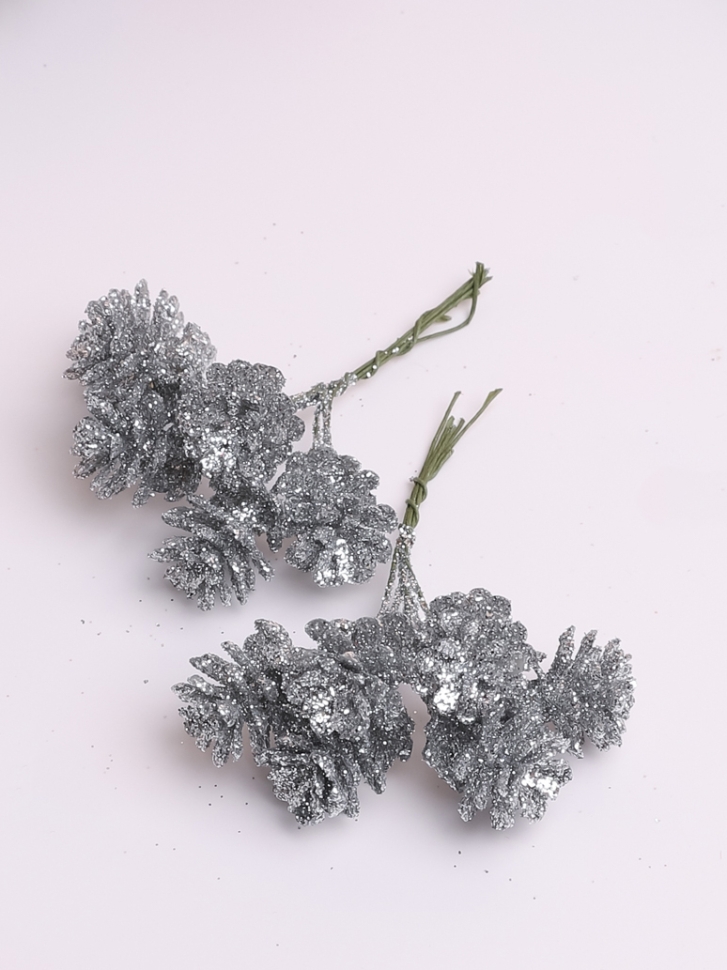 Шишки на проволоке с глиттером 12шт 2,2х2,2х9см К серебро Шишки на проволоке с глиттером 12шт 2,2х2,2х9см К серебро