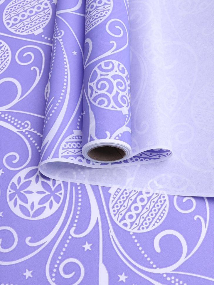 Бумага белая крафт 50г/м2, 70см x 10м, Новогодние шары, сиреневый классик