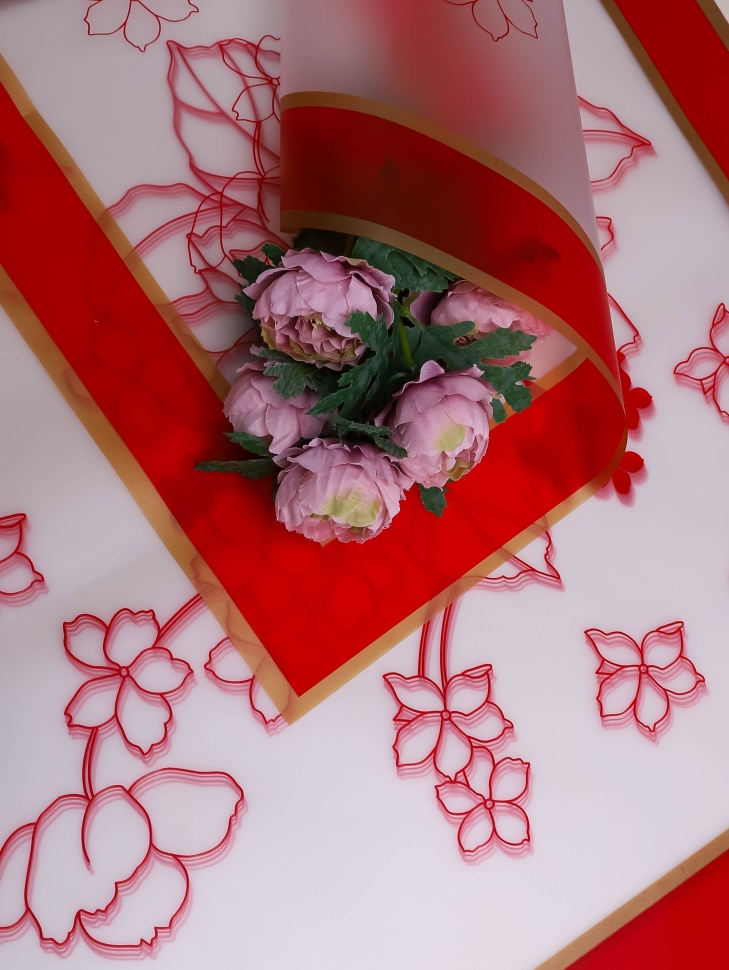 Пленка матовая 58смх58см 10 листов 55мкм РЦ двойной кант Цветы красный