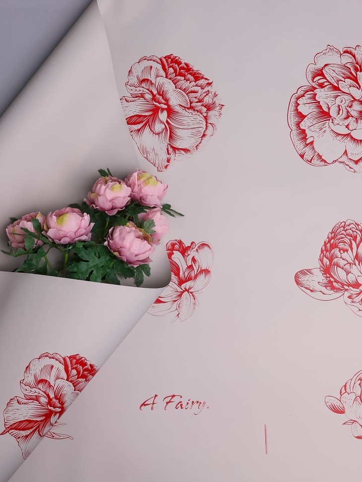 Пленка матовая 65мкм 58см х 10м РЦ Бутоны на сером красный Пленка матовая 65мкм 58см х 10м РЦ Бутоны на сером красный