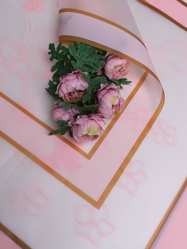 Пленка матовая 58смх58см 10 листов 55мкм РЦ двойной кант Цветы розовый жемчуг