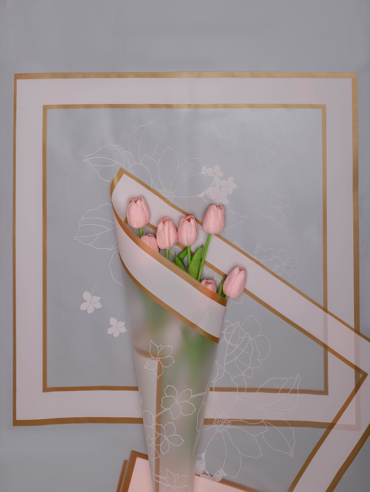 Пленка матовая 58смх58см 10 листов 55мкм РЦ двойной кант Цветы пудра