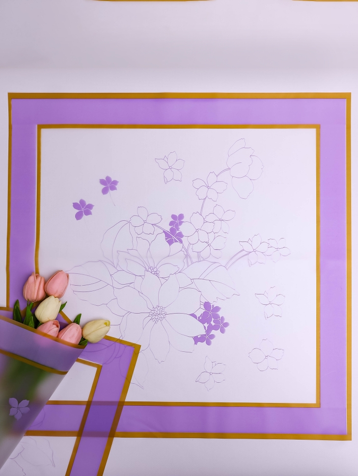 Пленка матовая 58смх58см 10 листов 55мкм РЦ двойной кант Цветы сиреневый Пленка матовая 58смх58см 10 листов 55мкм РЦ двойной кант Цветы сиреневый