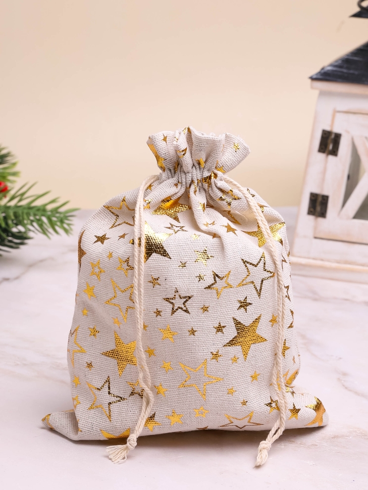 Мешок подарочный холщовый 17х23см Звезды золотые серый Мешок подарочный холщовый 17х23см Звезды золотые серый