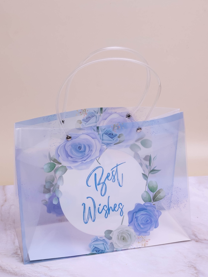 Сумочка пластик для цветов 27х21х11см прозрачный 756 цветы синий