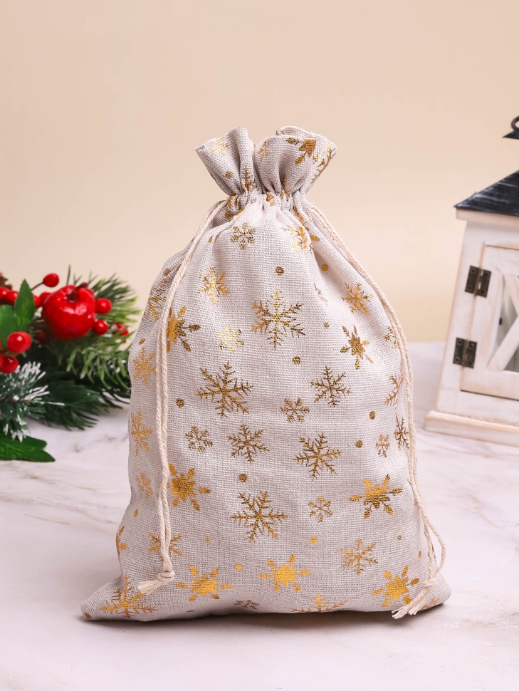 Мешок подарочный НГ холщовый 20х30см Снежинки золотые серый Мешок подарочный НГ холщовый 20х30см Снежинки золотые серый
