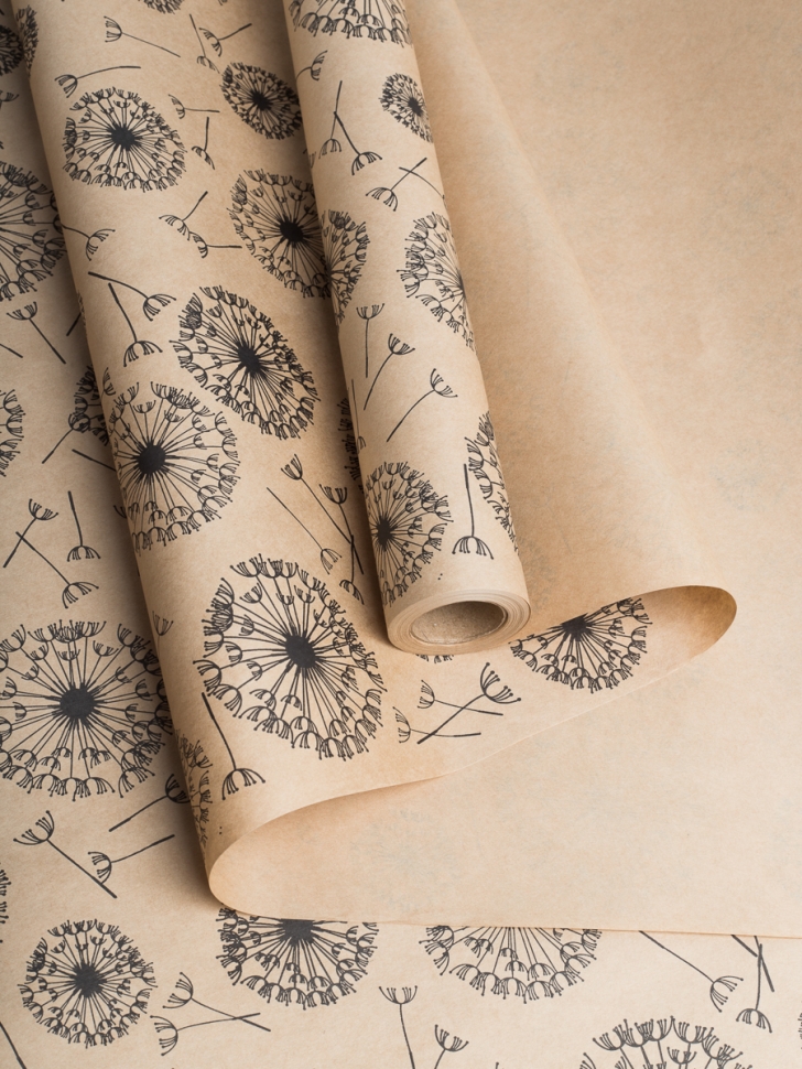 Бумага крафт 70г/м2, 70см x 10м, Одуванчики черный Бумага крафт 70г/м2, 70см x 10м, Одуванчики черный