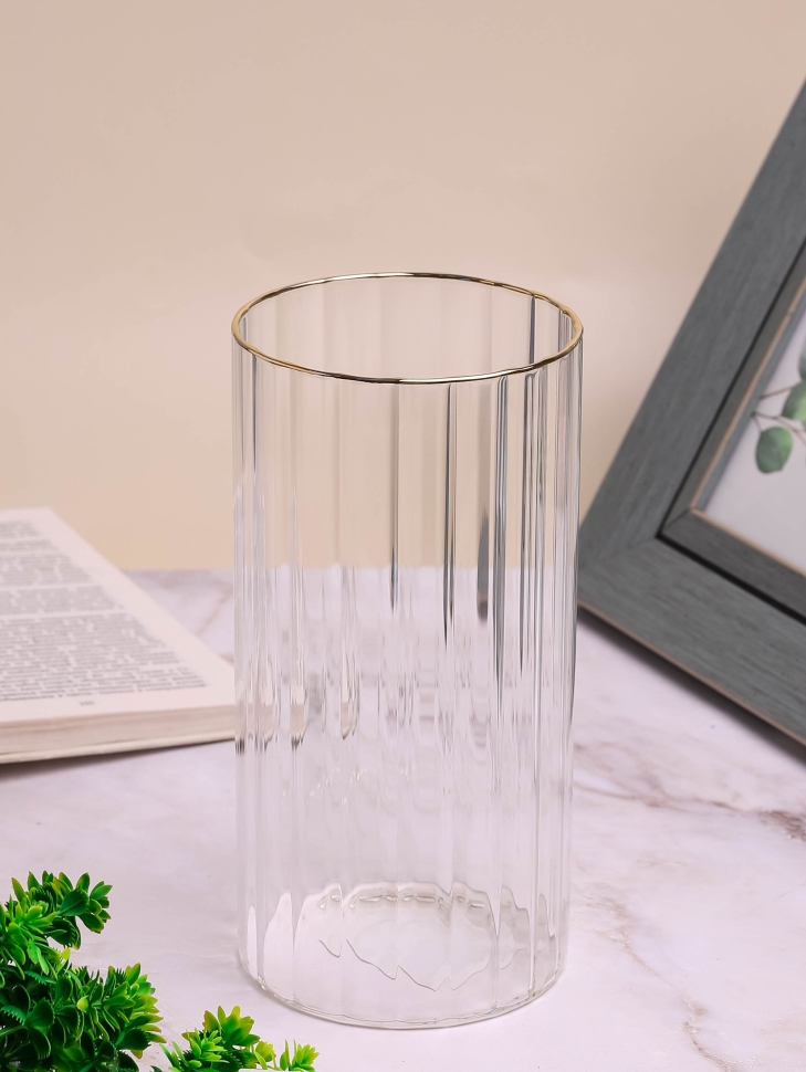 Ваза стекло Трубка H20 D10см К рельефная полоса/золотой кант Ваза стекло Трубка H20 D10см К рельефная полоса/золотой кант