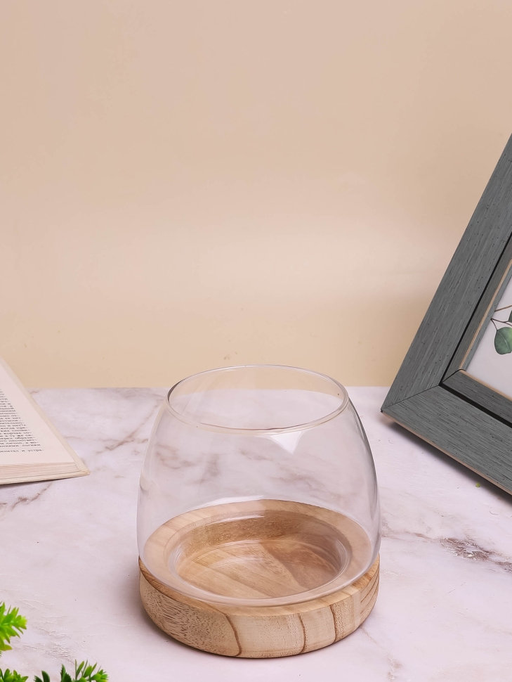 Ваза-подсвечник стекло h13 d13см К на деревянной подставке светлый