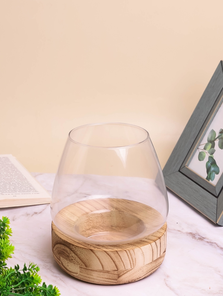 Ваза-подсвечник стекло h19 d17см К на деревянной подставке светлый