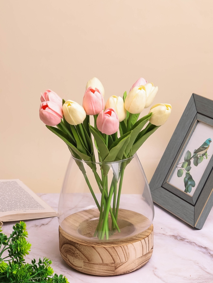 Ваза-подсвечник стекло h19 d17см К на деревянной подставке светлый