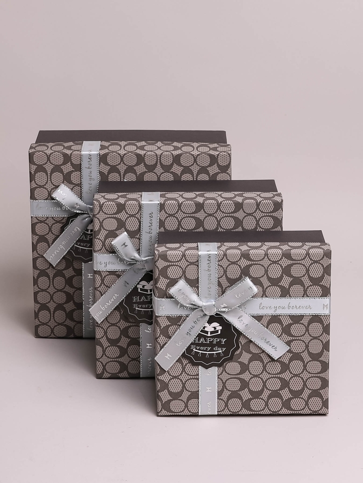 Коробка квадрат набор из 3шт 19x19x9см монпансье с бантом мокко