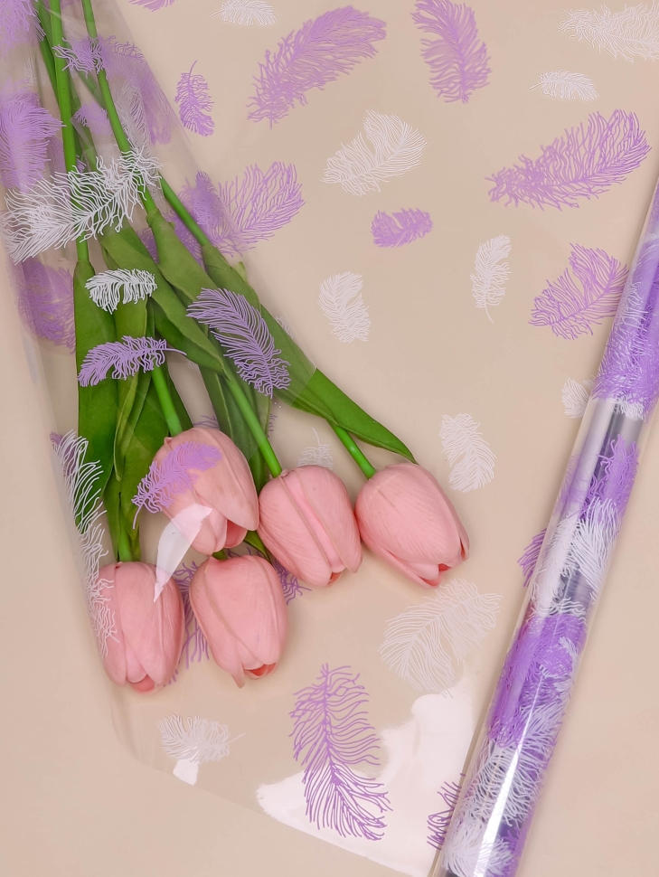 Пленка цветная 60см Перышки белый/сиреневый светлый Пленка цветная 60см Перышки белый/сиреневый светлый