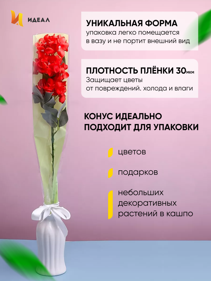 Пакет цветочный Конус 15/80 на 1 розу прозрачный/фисташковый 50 шт Пакет цветочный Конус 15/80 на 1 розу прозрачный/фисташковый 50 шт