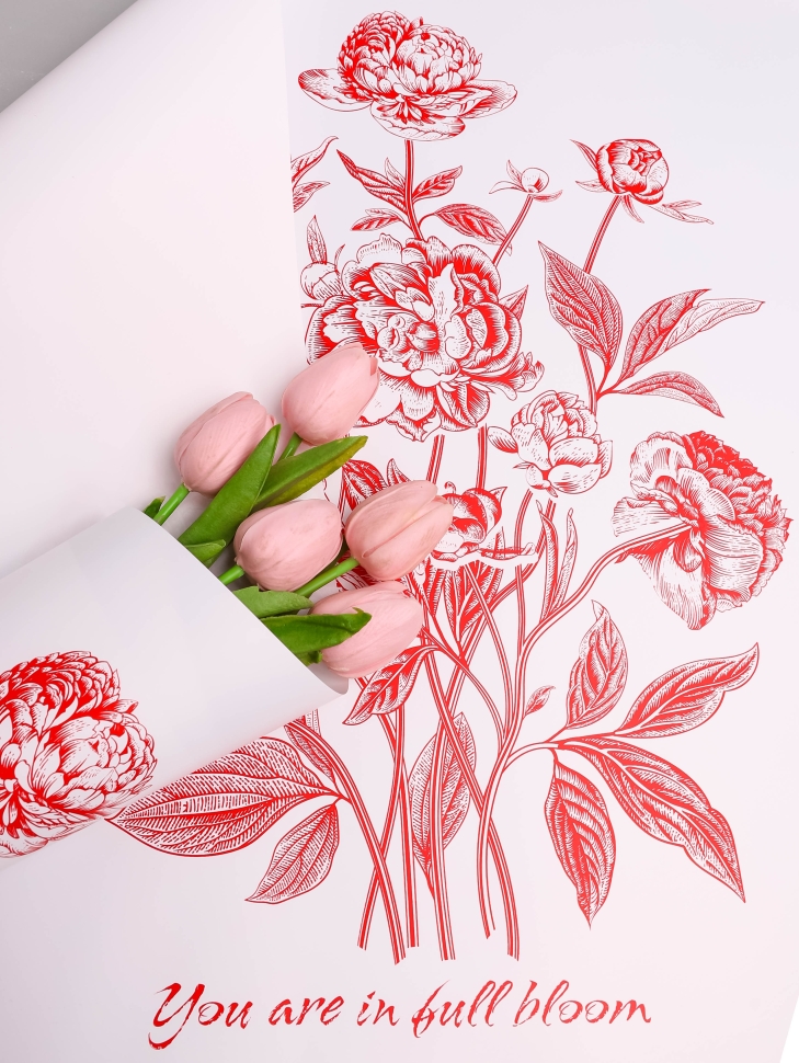 Пленка матовая 65мкм 58см х 10м РЦ Букет на белом красный Пленка матовая 65мкм 58см х 10м РЦ Букет на белом красный