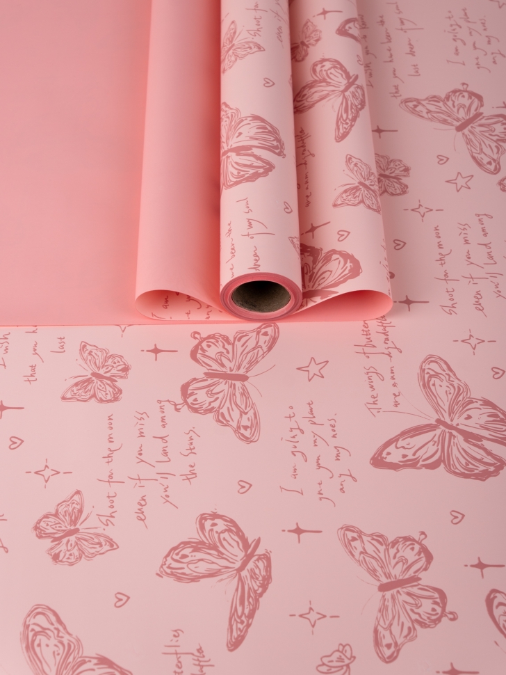 Пленка матовая 65мкм 58см х 10м Бабочки розовый