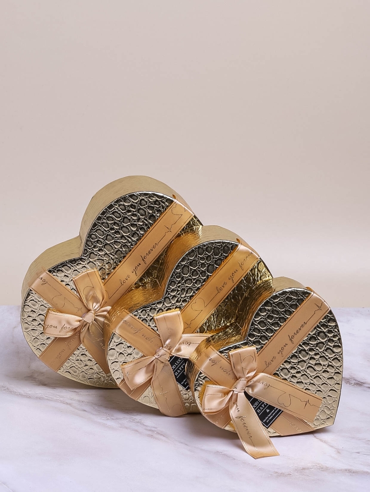 Коробка Сердце набор из 3шт 22х20х9см текстура кожи золотой