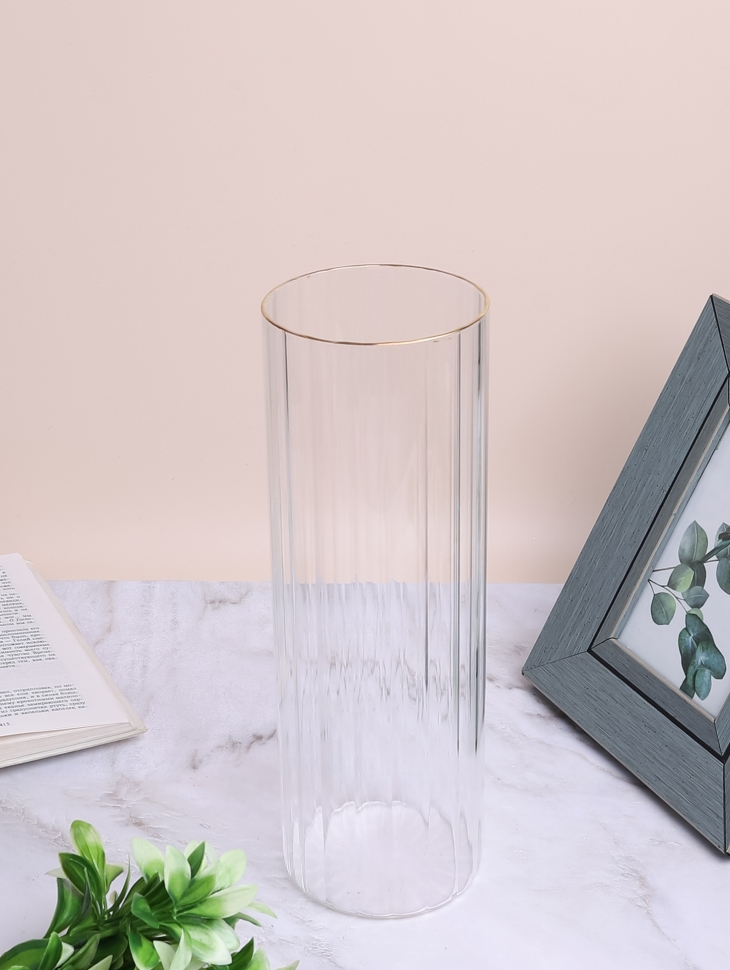 Ваза стекло Трубка H30 D10см К рельефная полоса/золотой кант Ваза стекло Трубка H30 D10см К рельефная полоса/золотой кант