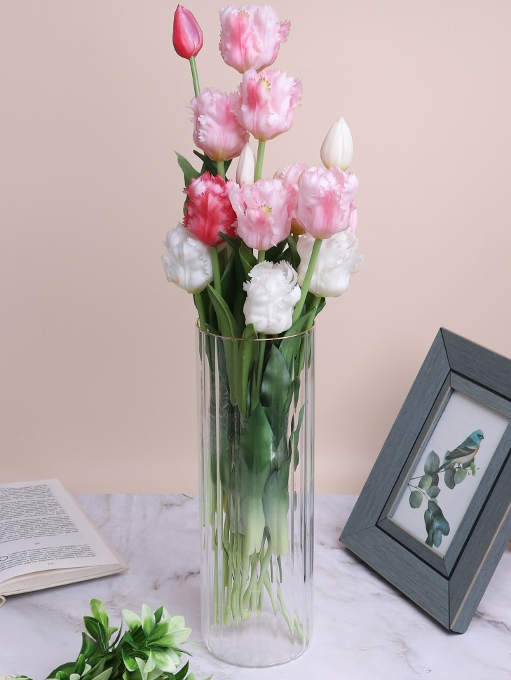 Ваза стекло Трубка H30 D10см К рельефная полоса/золотой кант Ваза стекло Трубка H30 D10см К рельефная полоса/золотой кант