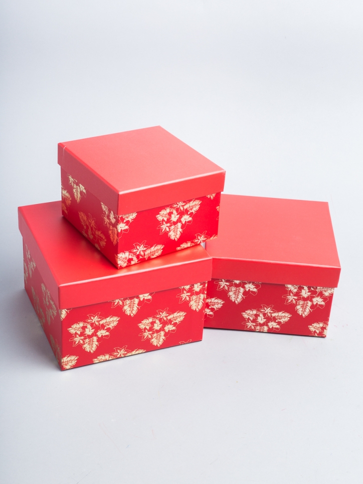 Коробка квадрат набор из 3шт 18x18x12см золотые цветы красный