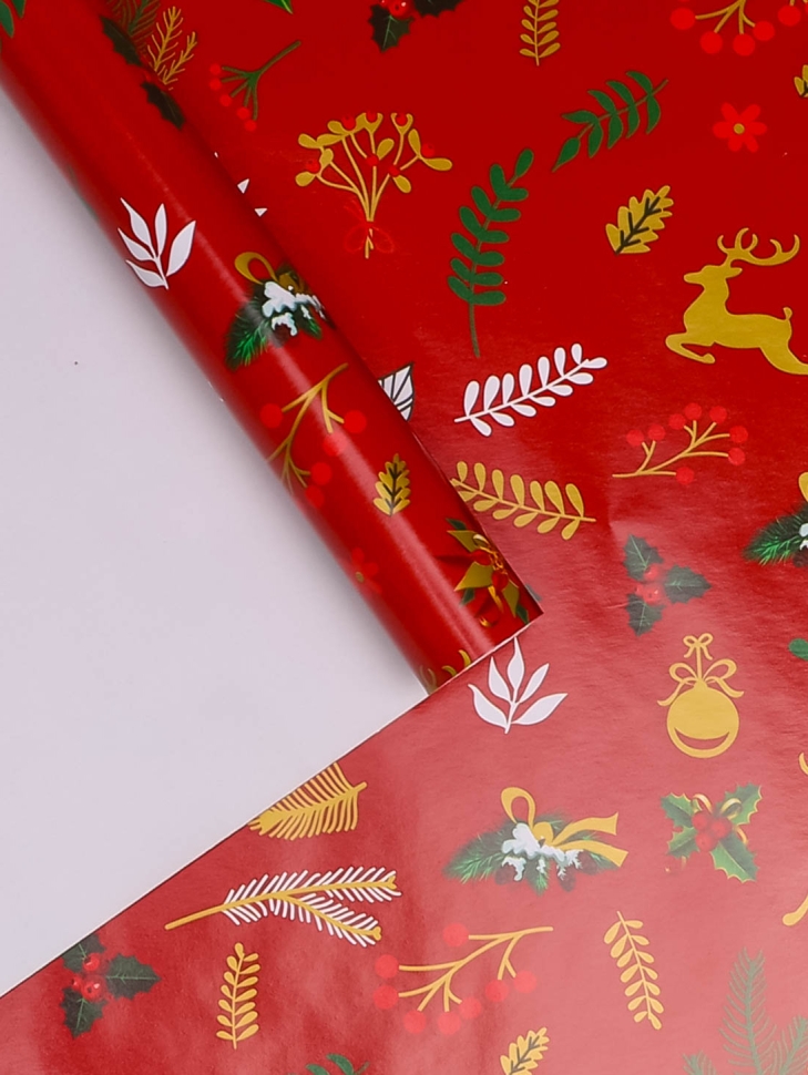 Бумага упаковочная НГ 70х100см 2лист 82-3 ветки/олени на красном