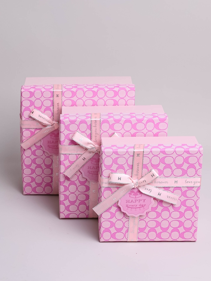 Коробка квадрат набор из 3шт 19x19x9см монпансье с бантом розовый Коробка квадрат набор из 3шт 19x19x9см монпансье с бантом розовый
