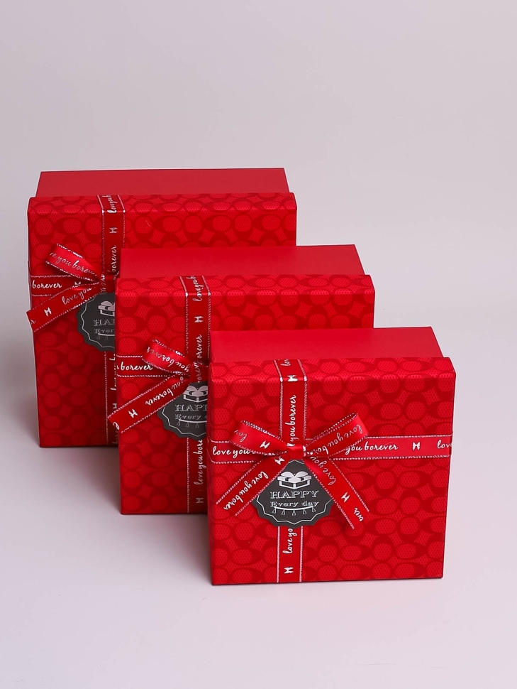 Коробка квадрат набор из 3шт 19x19x9см монпансье с бантом красный