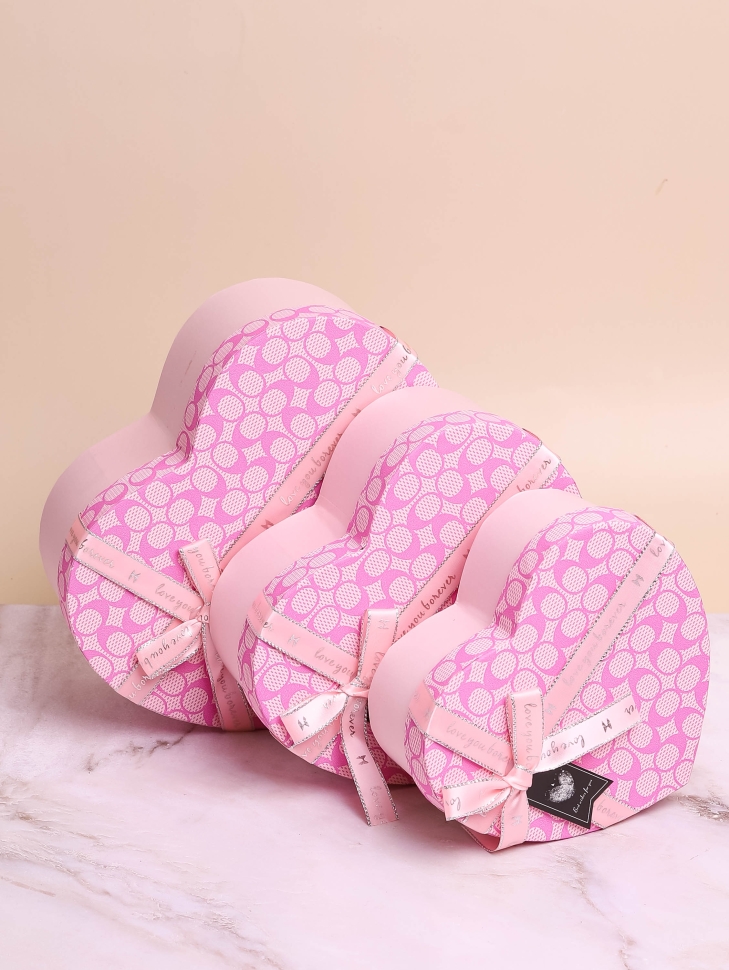 Коробка Сердце набор из 3шт 22х20х9см монпансье с бантом  розовый