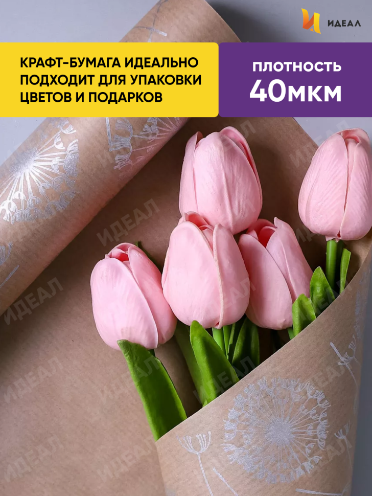 Бумага крафт 40г/м2, 70см x 10м, Одуванчики серебро Бумага крафт 40г/м2, 70см x 10м, Одуванчики серебро