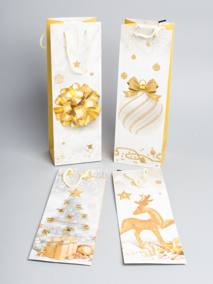 Сумочка бумажная с блестками НГ 12х35х9см GYH22627-109 под бутылку микс