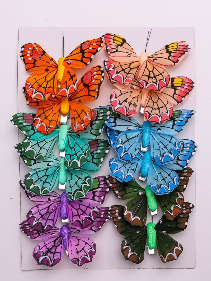 Бабочки  8см на прищепке, 12шт. цветные 1033