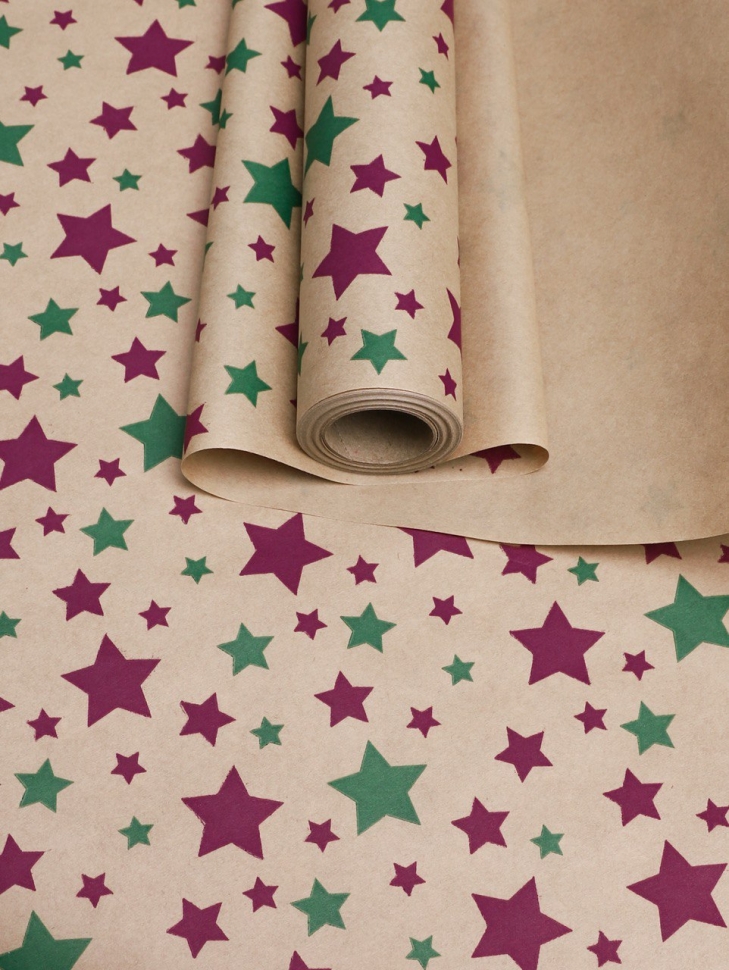 Бумага крафт 70г/м2, 70см x 10м, Звезды фиолетовый пурпур/зеленый Бумага крафт 70г/м2, 70см x 10м, Звезды фиолетовый пурпур/зеленый