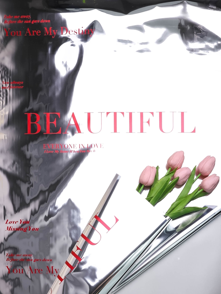 Пленка матовая 30мкм 58см х 10м РЦ Beautiful на серебре надпись красный Пленка матовая 30мкм 58см х 10м РЦ Beautiful на серебре надпись красный