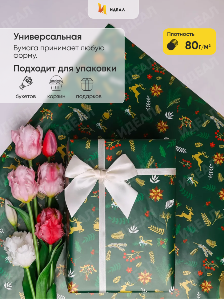 Бумага упаковочная НГ 70х100см 2лист 82-2 ветки/олени на зеленом Бумага упаковочная НГ 70х100см 2лист 82-2 ветки/олени на зеленом