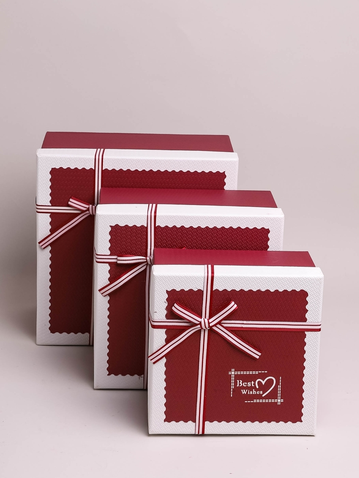 Коробка квадрат набор из 3шт 23х23х14см кант белый/вишневый