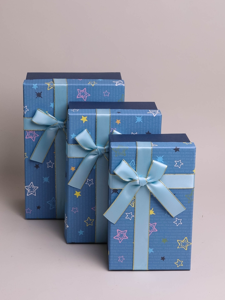 Коробка прямоугольник набор из 3шт 23х16х9см звезды с бантом голубой Коробка прямоугольник набор из 3шт 23х16х9см звезды с бантом голубой