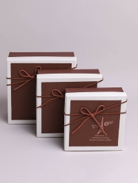 Коробка квадрат набор из 3шт 19х19х9см с рисуном кант белый/коричневый