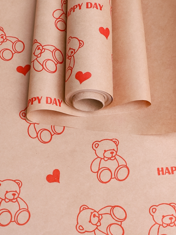 Бумага крафт 70г/м2, 70см x 10м, Мишки, красный