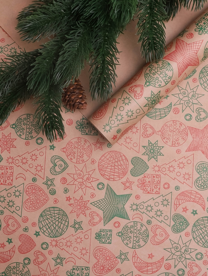 Бумага крафт 70г/м2, 70см x 10м, Новый Год, зеленый/красный Бумага крафт 70г/м2, 70см x 10м, Новый Год, зеленый/красный