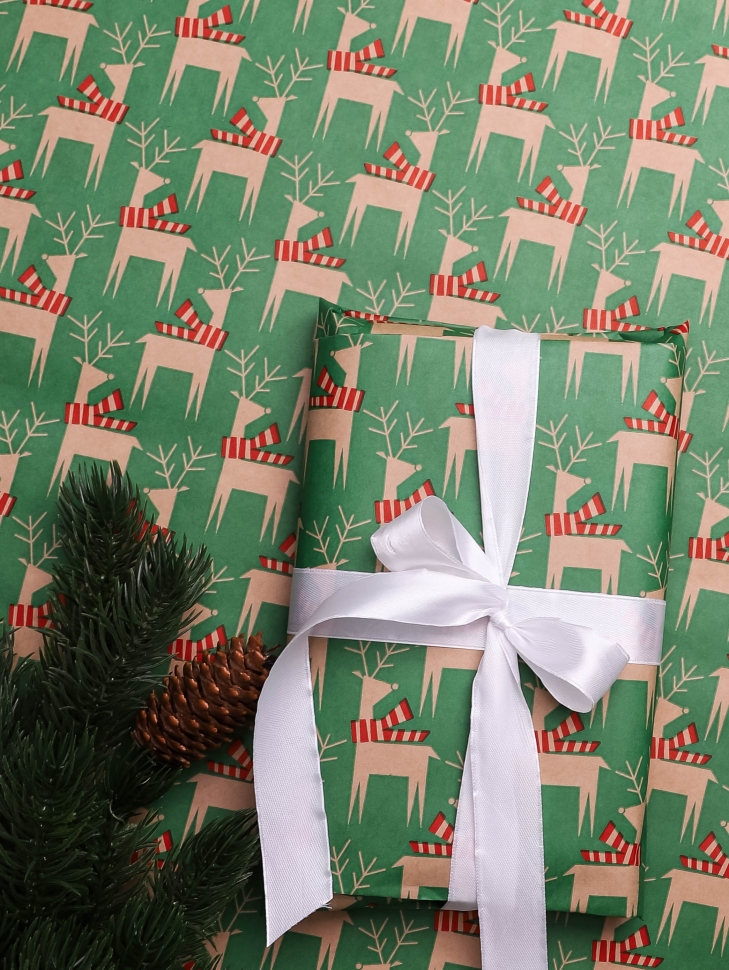 Бумага крафт 70г/м2, 70см x 10м, Олени с шарфиком, зеленый/красный Бумага крафт 70г/м2, 70см x 10м, Олени с шарфиком, зеленый/красный